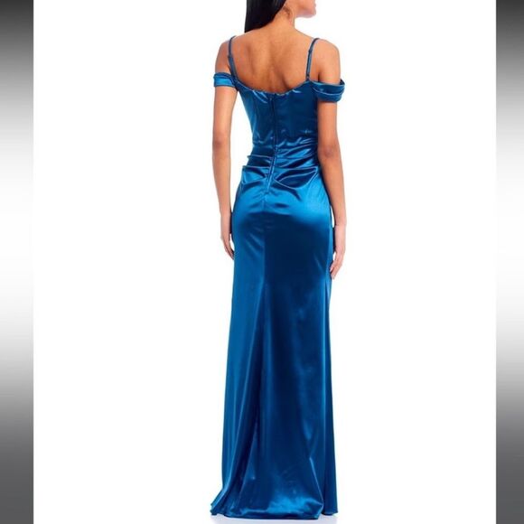 NWT B. Darlin | Blue Off The Shoulder Corset Wrap Side Slit Long Dress 0 - Picture 2 of 9
